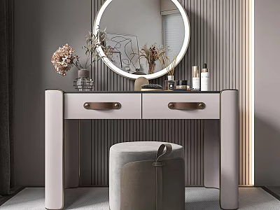 Modern Dressing Table With Round Backlit Mirror Two Drawers And Matching Stool 3d model