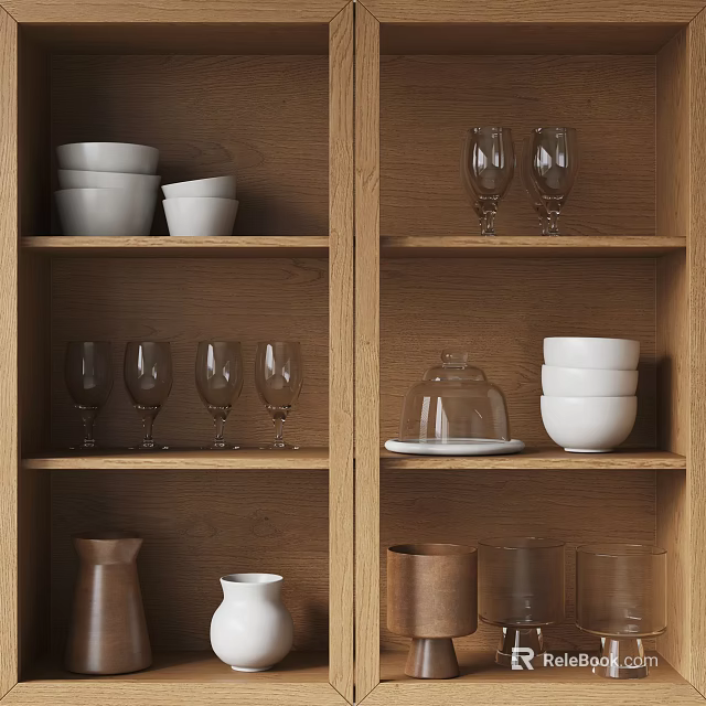 Stylish Tableware Set with White Bowls Cups Wine Glasses and Vases on Wooden Shelves 3d model 