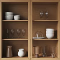 Stylish Tableware Set with White Bowls Cups Wine Glasses and Vases on Wooden Shelves