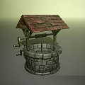 Traditional Garden Ornament Featuring Ancient Well With Red Tiled Roof Stone Body And Wooden Crank