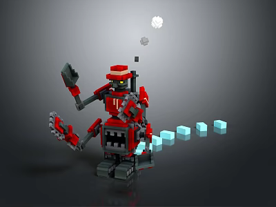 Red Lego Robot With Mechanical Arm And Blue Cubes Nearby White Spheres 3d model