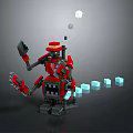 Red Lego Robot With Mechanical Arm And Blue Cubes Nearby White Spheres