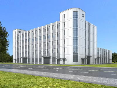 Modern Industrial Factory Building Exterior With Large Glass Windows White Facade And Green Lawn 3d model