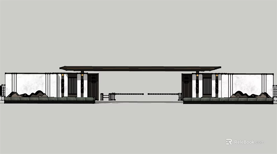 Modern Symmetrical Entrance Gate Design With Columns Canopy And Glass Panels 3d model 