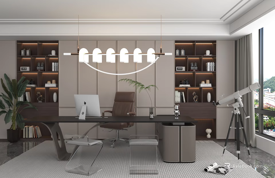 Modern Study Room Interior With Built in Bookshelves Wooden Desk Computer Chandelier And Telescope 3d model 