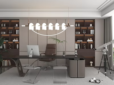 Modern Study Room Interior With Built in Bookshelves Wooden Desk Computer Chandelier And Telescope 3d model