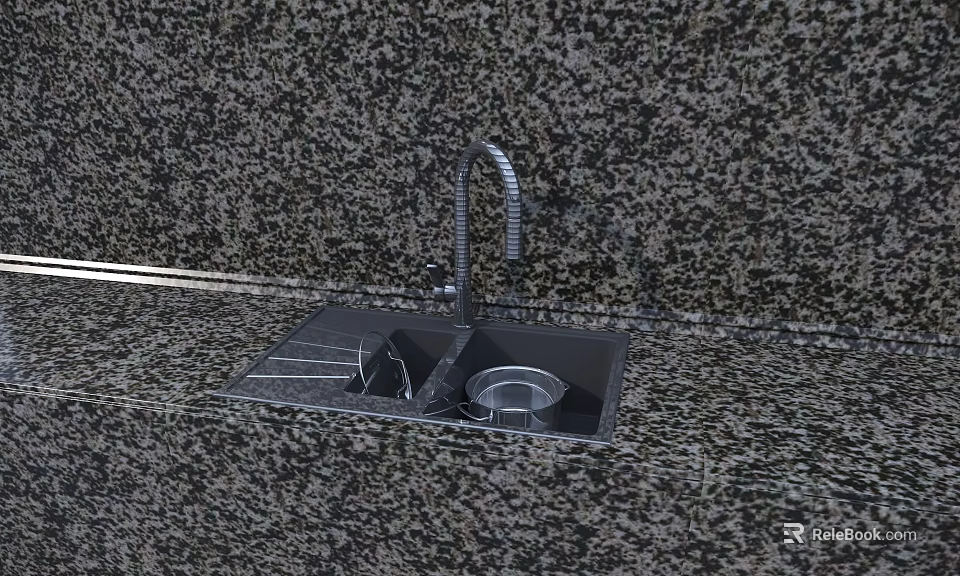 Granite Kitchen Countertop With Double Sink Flexible Faucet And Drainer Rack 3d model 
