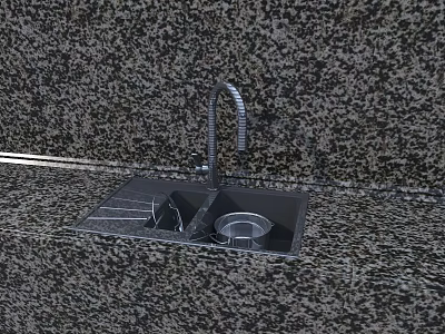 Granite Kitchen Countertop With Double Sink Flexible Faucet And Drainer Rack 3d model