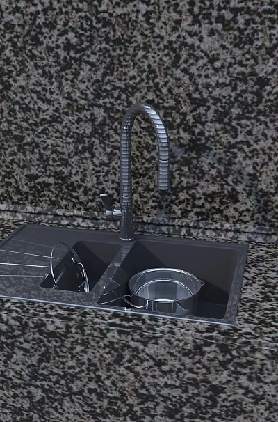 Granite Kitchen Countertop With Double Sink Flexible Faucet And Drainer Rack 3d model