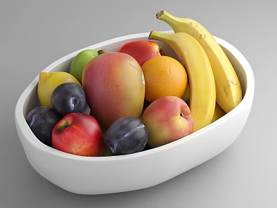 White Bowl Filled with Fresh Assorted Fruits Bananas Mango Apples Oranges Lemons Plums 3d model