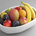 White Bowl Filled with Fresh Assorted Fruits Bananas Mango Apples Oranges Lemons Plums