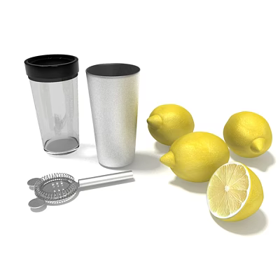 Transparent And Silver Cocktail Cups With Black Lids Whole Sliced Lemons And Metal Juicer 3d model