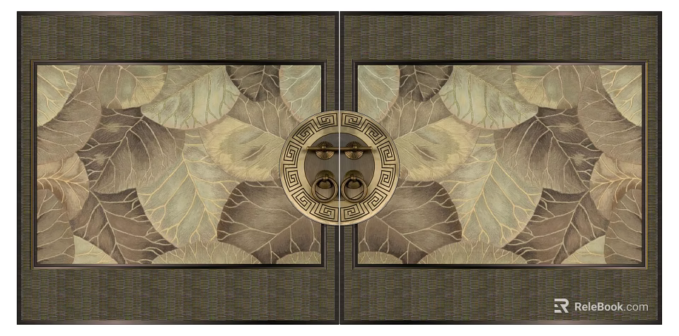 Artistic Carved Entrance Door With Intricate Leaf Pattern And Central Ornament Design 3d model 