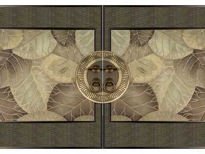 Artistic Carved Entrance Door With Intricate Leaf Pattern And Central Ornament Design 3d model