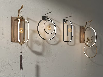 Modern Chinese Style Wall Sconces With Circular Metal Frames And Tassel Decorations 3d model