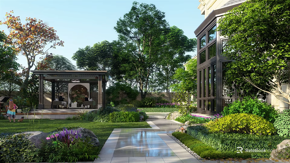 Beautiful Courtyard Garden With Stone Path Water Feature Gazebo And Lush Green Plants 3d model 