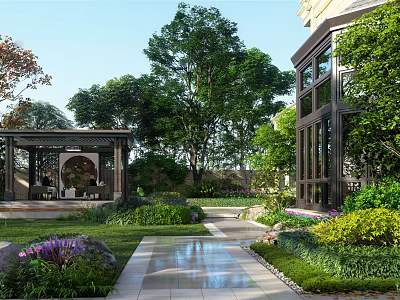 Beautiful Courtyard Garden With Stone Path Water Feature Gazebo And Lush Green Plants 3d model