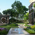 Beautiful Courtyard Garden With Stone Path Water Feature Gazebo And Lush Green Plants