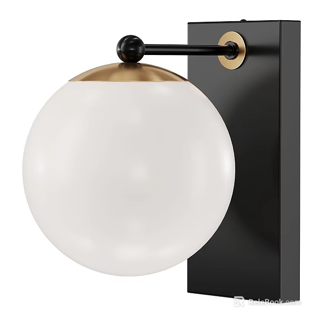 Modern Wall Sconce With White Spherical Shade Brass Top And Black Arm 3d model 