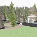 Modern Boutique Hotel Buildings With Conical Perforated Design Surrounded by Water Ponds and Greenery