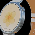 Digital Smartwatch With White Leather Strap Brown Inner Lining Yellow Flower Dial Silver Metal Bezel