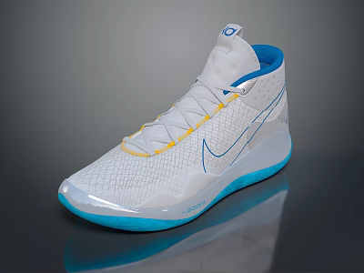 White Basketball Shoes With Yellow Laces Blue Sole And Nike Mesh Upper Design 3d model
