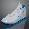White Basketball Shoes With Yellow Laces Blue Sole And Nike Mesh Upper Design