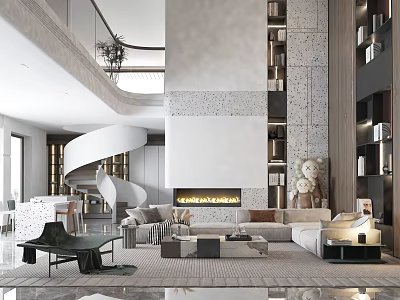 Luxury Modern Duplex Living Room Interior Design With Comfortable Sofa Coffee Table And Fireplace 3d model