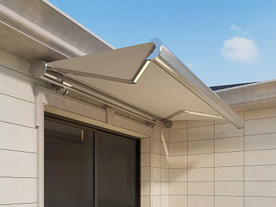 Modern Exterior Awning With LED Lights On Stone Wall Near Glass Door Under Blue Sky 3d model