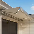 Modern Exterior Awning With LED Lights On Stone Wall Near Glass Door Under Blue Sky