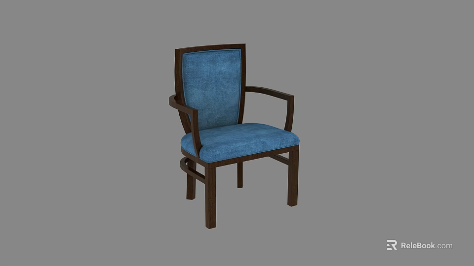 Blue Fabric Upholstered Dining Chair With Dark Wooden Frame And Armrests 3d model 