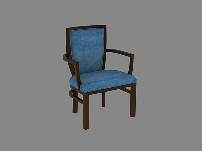 Blue Fabric Upholstered Dining Chair With Dark Wooden Frame And Armrests 3d model
