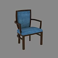 Blue Fabric Upholstered Dining Chair With Dark Wooden Frame And Armrests