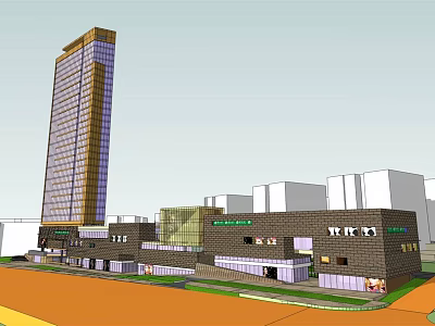 Modern Commercial Street With Tall Building And Various Retail Shops 3d model