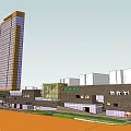 Modern Commercial Street With Tall Building And Various Retail Shops