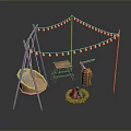 Outdoor Backyard Setup With Wicker Swing Fire Pit String Lights And Wooden Frame