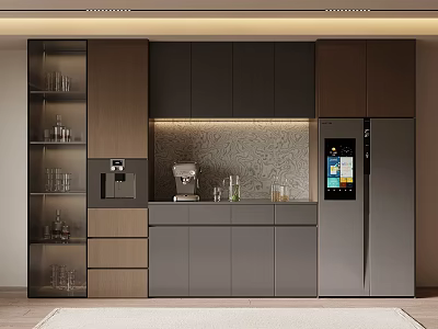 Modern Wine Cabinet With Glass Shelves And LED Lighting In Kitchen Interior 3d model