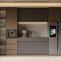 Modern Wine Cabinet With Glass Shelves And LED Lighting In Kitchen Interior