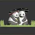 Cute Pandas Snuggling Under Colorful Umbrella With Bamboo And Green Grass