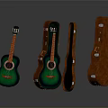 Acoustic Guitar With Open Closed And Unfolded Brown Green Cases On Dark Background