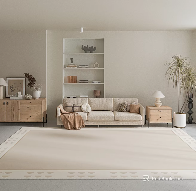 Minimalist Living Room Interior With Beige Sofa Bookshelf Wooden Side Cabinet And Neutral Rug 3d model 