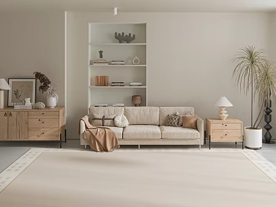 Minimalist Living Room Interior With Beige Sofa Bookshelf Wooden Side Cabinet And Neutral Rug 3d model