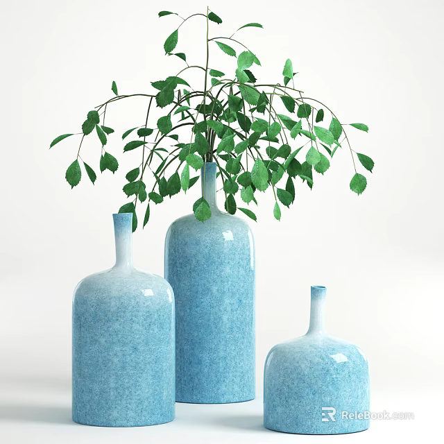 Three Blue Ceramic Vases With Green Leaves For Home Decorative 3d model