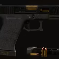 Tactical Black Handgun With Textured Grip Magazine And Bullets Display Setup