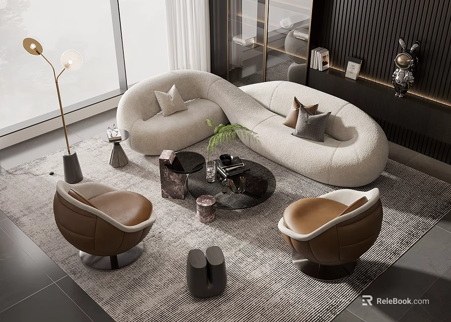 Light Curved Sofa Coffee Table Set With Brown Armchairs Green Plant In Modern Living Room 3d model 