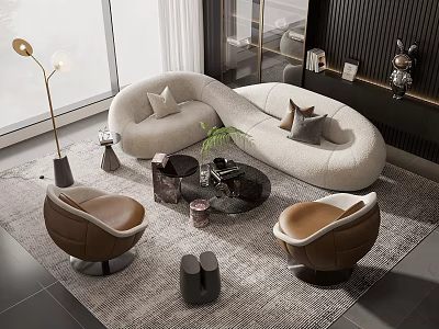 Light Curved Sofa Coffee Table Set With Brown Armchairs Green Plant In Modern Living Room 3d model