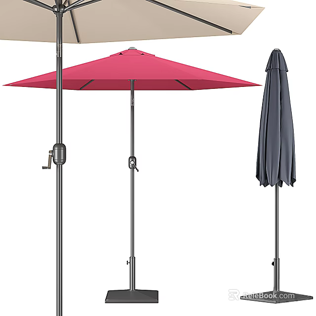 Patio Umbrella Featuring Red Open Canopy And Gray Closed Design For Outdoor Use 3d model 