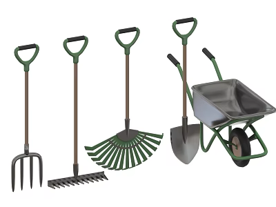 High Quality Garden Hardware Tools With Fork Rake Shovel And Wheelbarrow 3d model