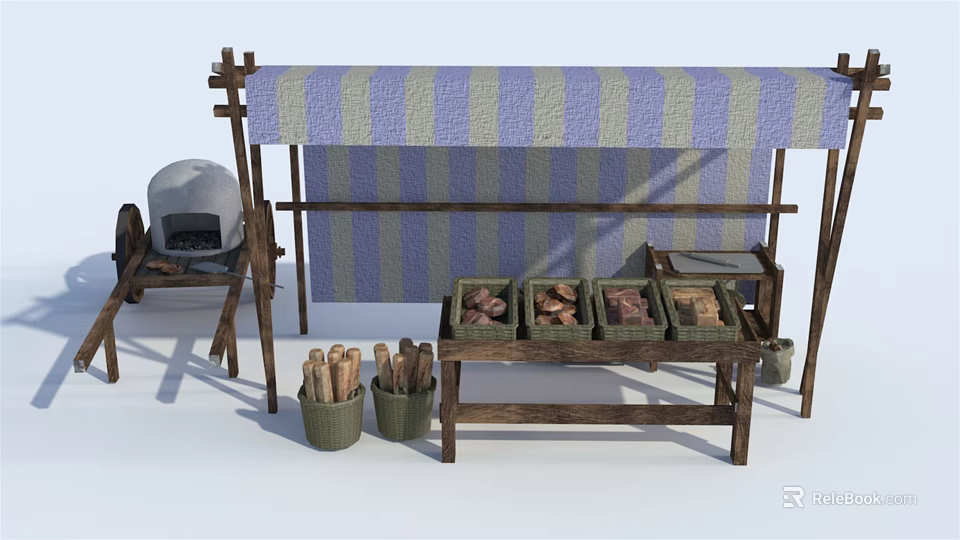 Traditional Wooden Market Stall With Striped Awning Display Shelves Bread Baskets And Oven 3d model 