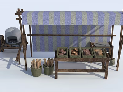 Traditional Wooden Market Stall With Striped Awning Display Shelves Bread Baskets And Oven 3d model